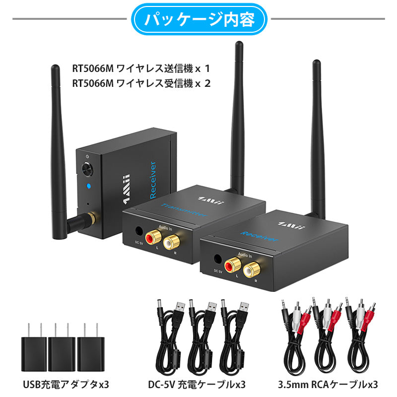 1Mii ワイヤレス RCA トランスミッター&レシーバー2台 rt5066m