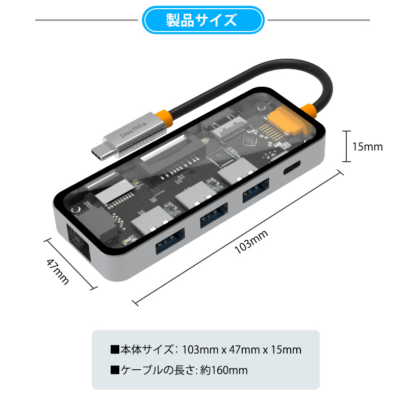 8in1 USB Type-C 透明ハブ 4K HDMI USB3.0 PD対応 LAN ポート SDカード ithub01