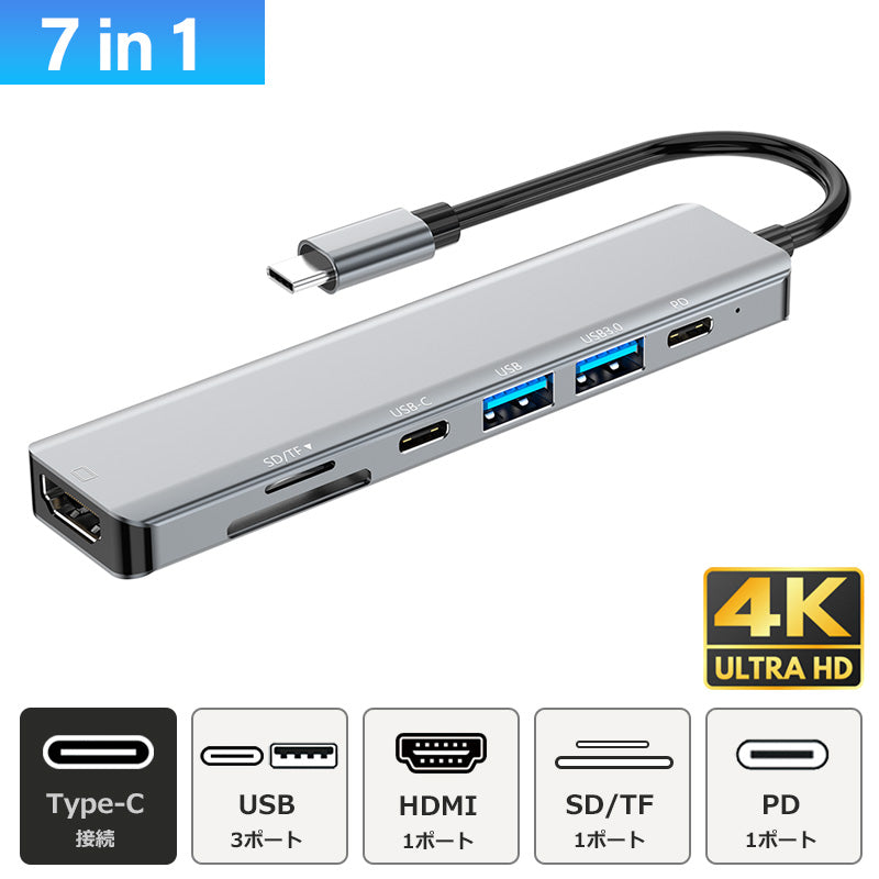 7in1 USB Type-C ハブ HDMI USB3.0 PD充電 SD/microSDカードリーダー yg2121