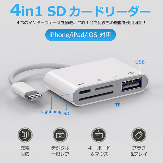 iPhone iPad用 4in1 ハブアダプター lightning USB3.0 microSDカード sdr401