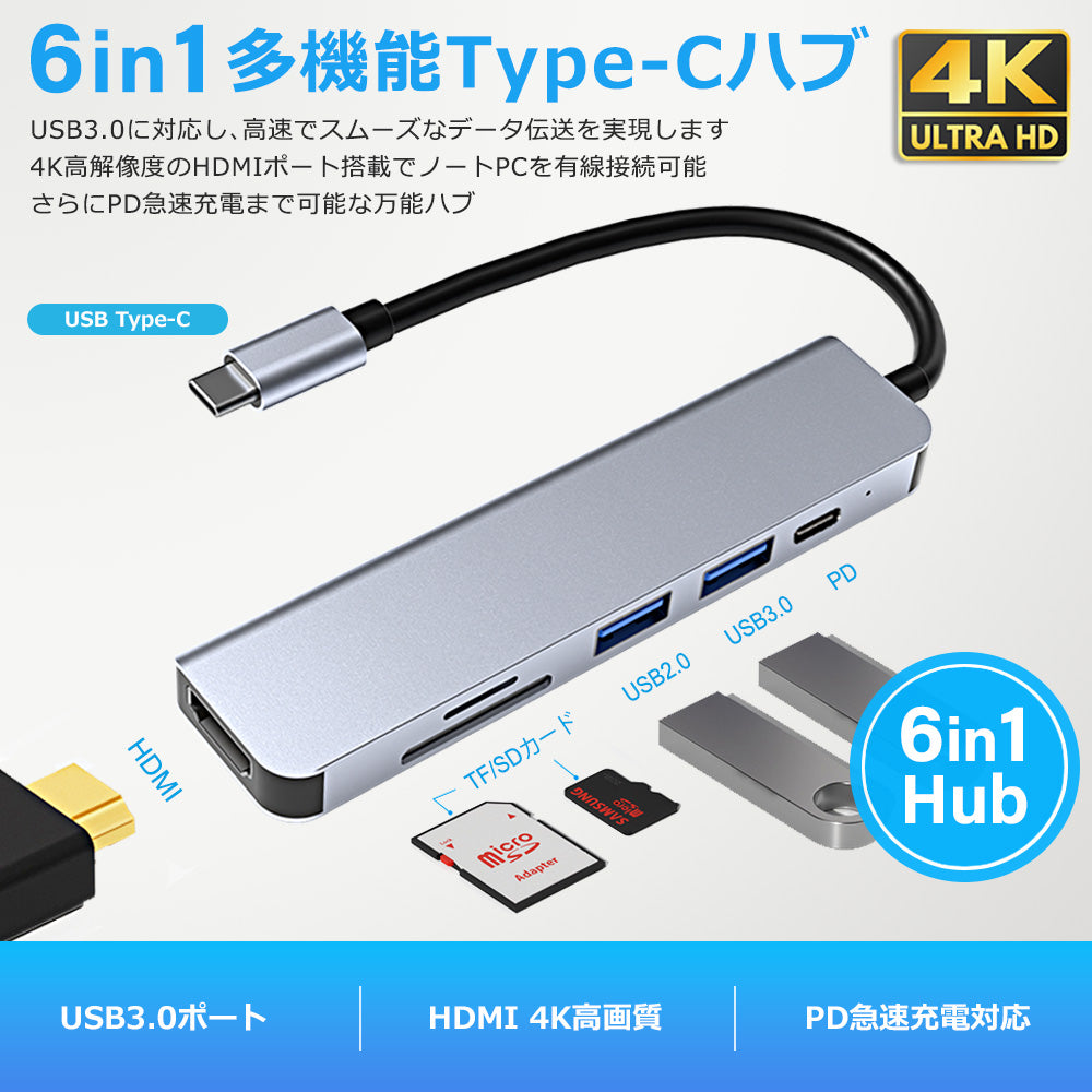 6in1 USB Type-C ハブ 4K HDMI USB3.0 PD充電 SDカードリーダー byl2010
