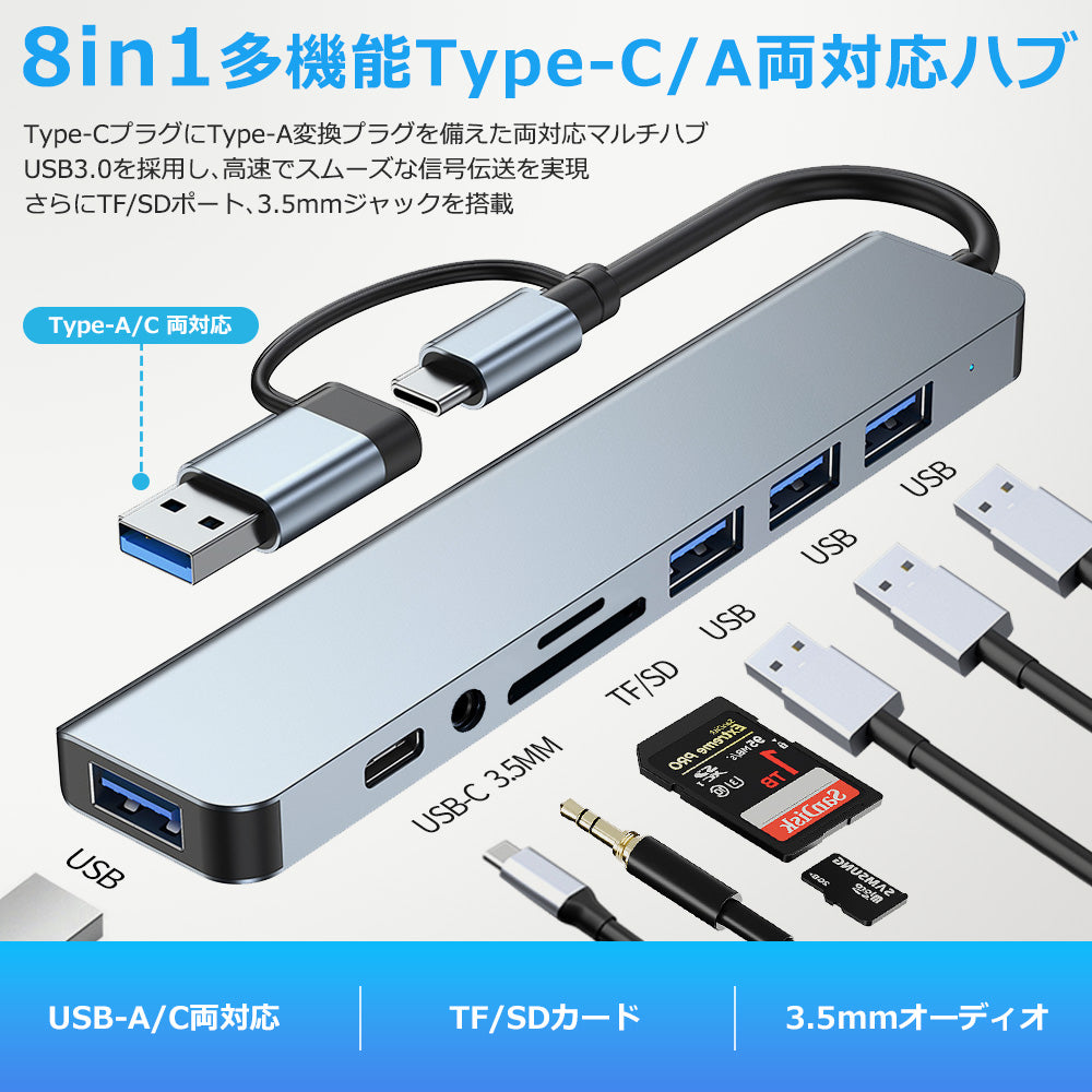 8in1 USB-C USB-A 両対応 ハブ USB3.0 PD対応 LAN ポート 3.5mm SDカードリーダー byl2218tu