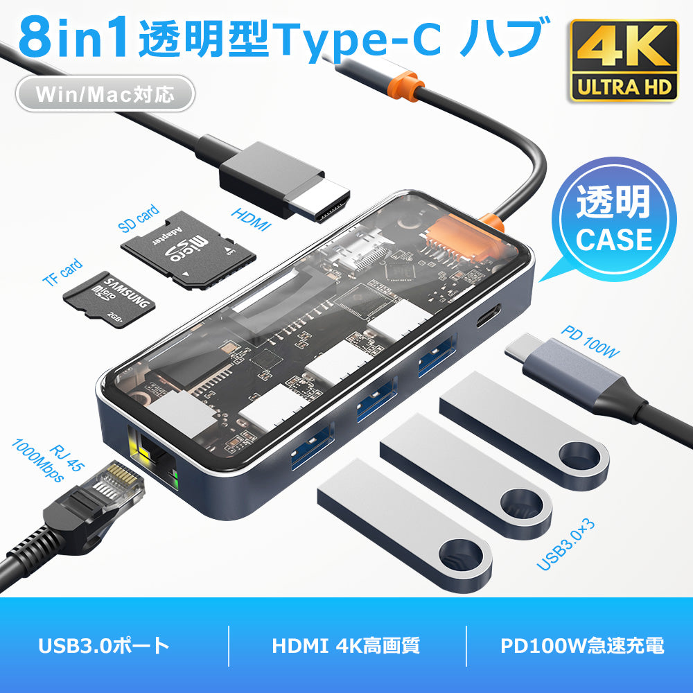 8in1 USB Type-C 透明ハブ 4K HDMI USB3.0 PD対応 LAN ポート SDカード ithub01