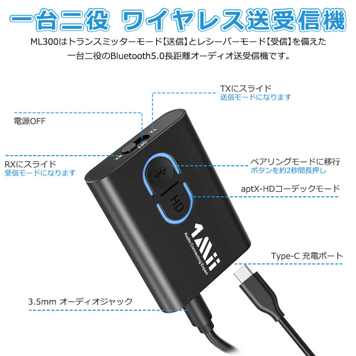 1Mii Bluetooth 5.0 ワイヤレス オーディオ 送受信機 ml300