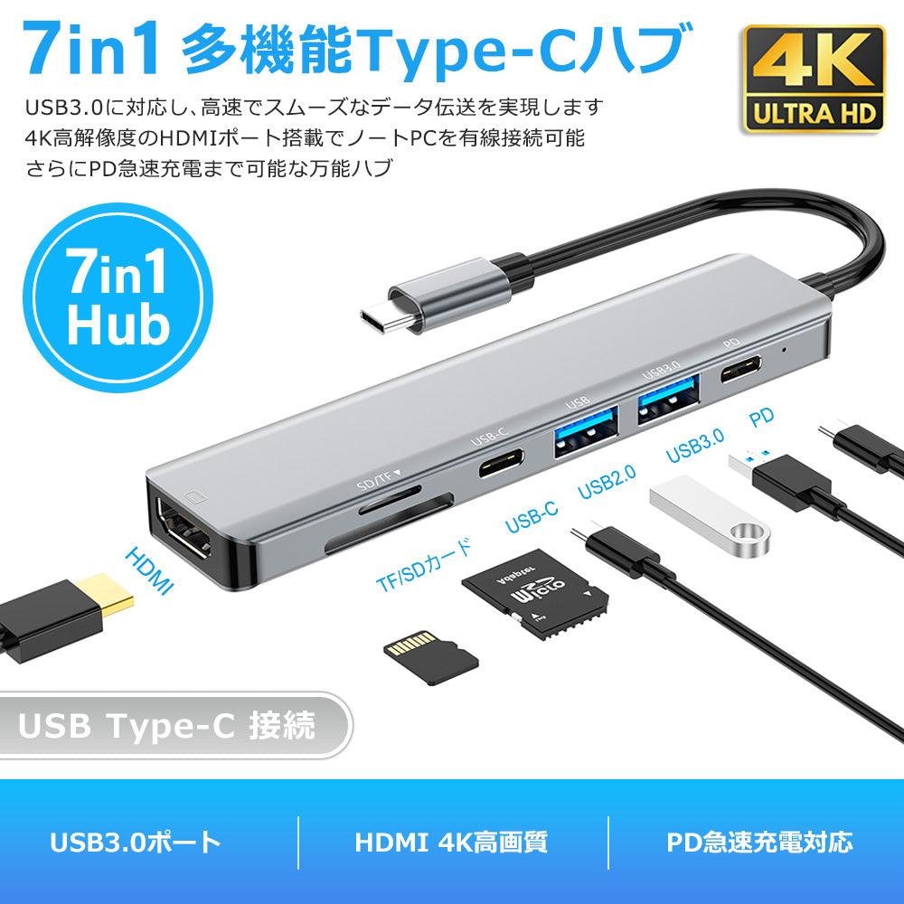 7in1 USB Type-C ハブ HDMI USB3.0 PD充電 SD/microSDカードリーダー yg2121