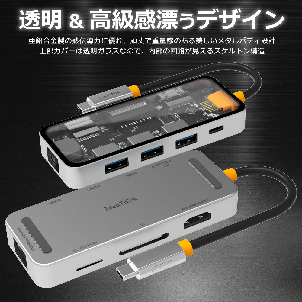 8in1 USB Type-C 透明ハブ 4K HDMI USB3.0 PD対応 LAN ポート SDカード ithub01