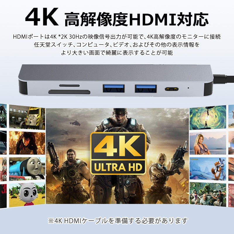 6in1 USB Type-C ハブ 4K HDMI USB3.0 PD充電 SDカードリーダー byl2010