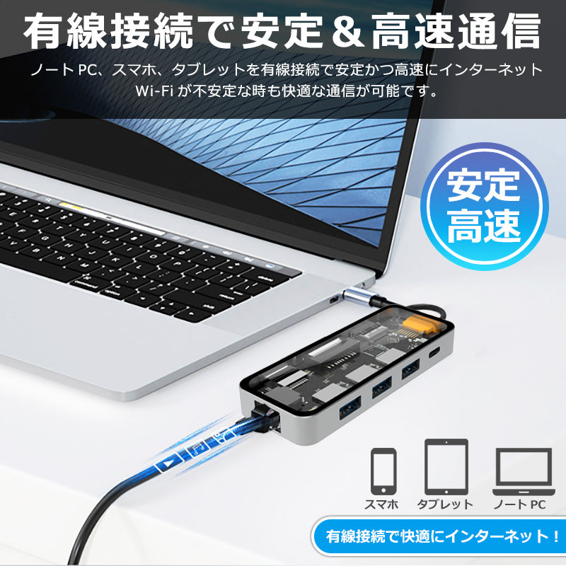 8in1 USB Type-C 透明ハブ 4K HDMI USB3.0 PD対応 LAN ポート SDカード ithub01