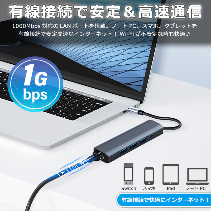 5in1 USB Type-C ハブ USB3.0 PD対応 1Gbps LAN ポート byl2302