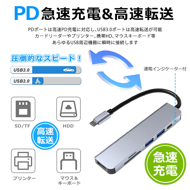 6in1 USB Type-C ハブ 4K HDMI USB3.0 PD充電 SDカードリーダー byl2010