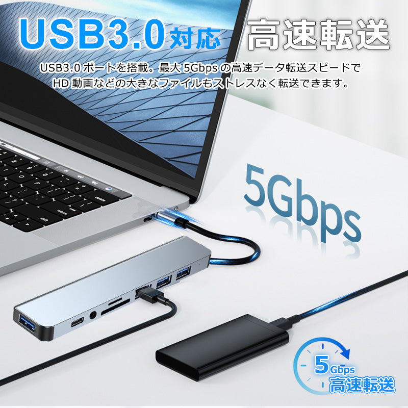 8in1 USB-C USB-A 両対応 ハブ USB3.0 PD対応 LAN ポート 3.5mm SDカードリーダー byl2218tu