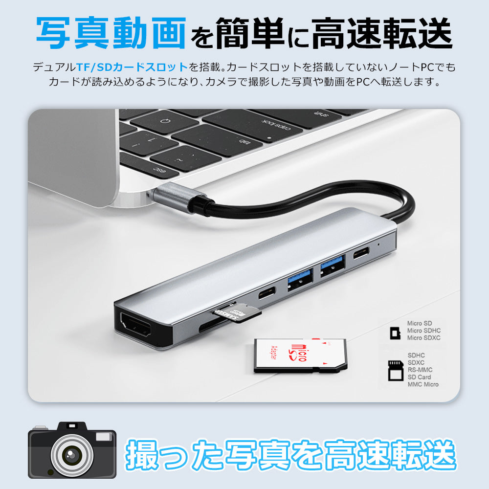 7in1 USB Type-C ハブ HDMI USB3.0 PD充電 SD/microSDカードリーダー yg2121