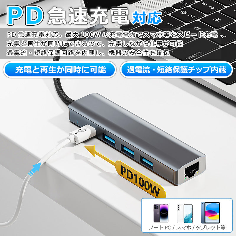 5in1 USB Type-C ハブ USB3.0 PD対応 1Gbps LAN ポート byl2302