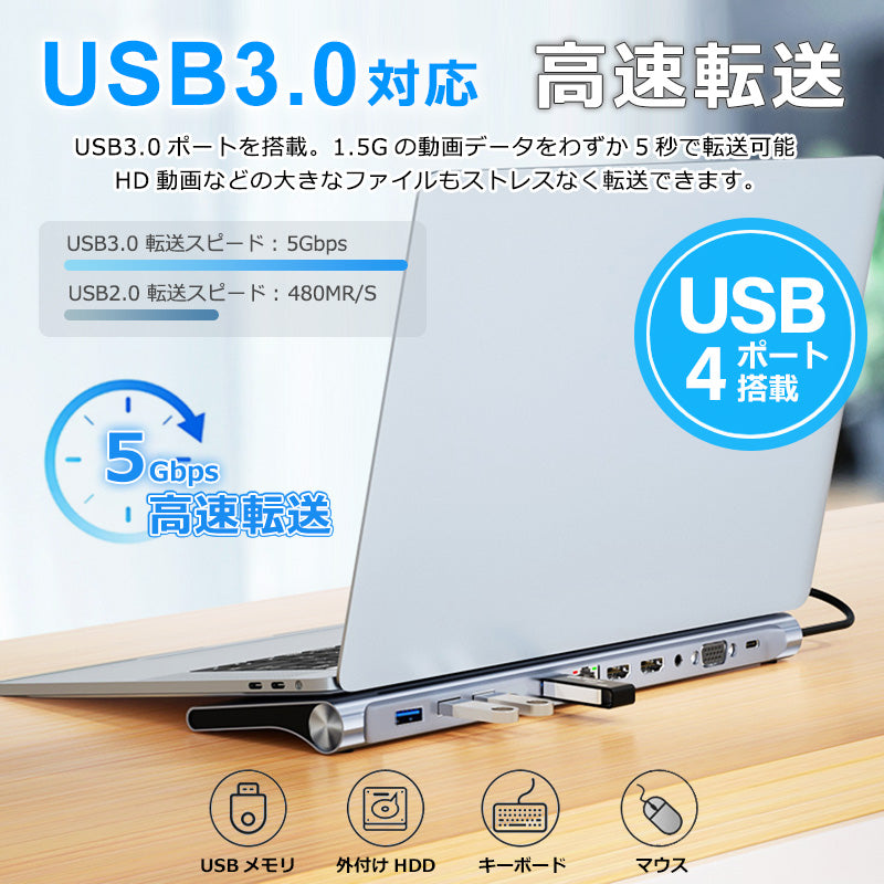 11in1 ノートPC 用USB Type-C 置き型 ドッキングステーション byl2003