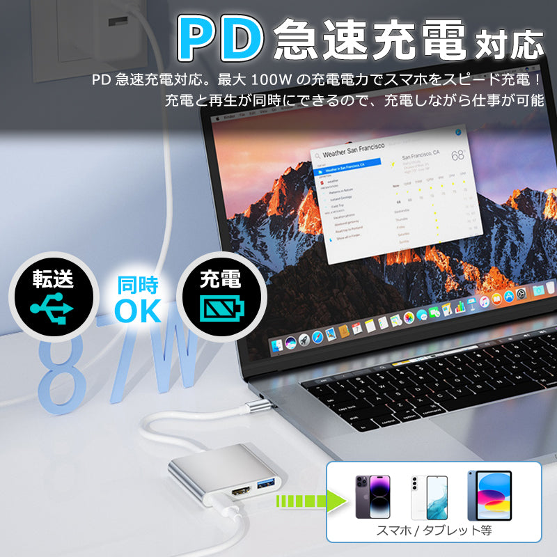 3in1 USB Type-C ハブ 4K HDMI USB 3.0 PD充電 byl2005