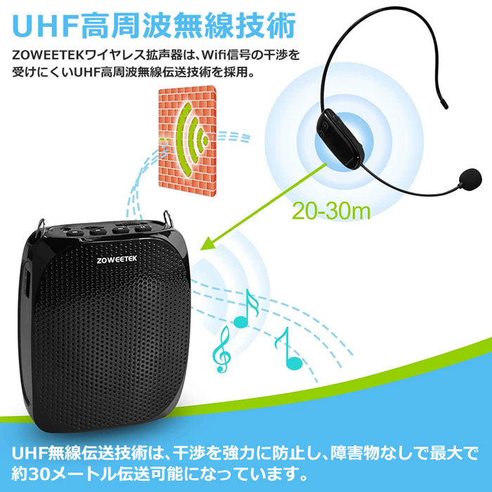 ZOWEETEKハンズフリー ポータブルワイヤレス拡声器スピーカー マイク付 zw-s615