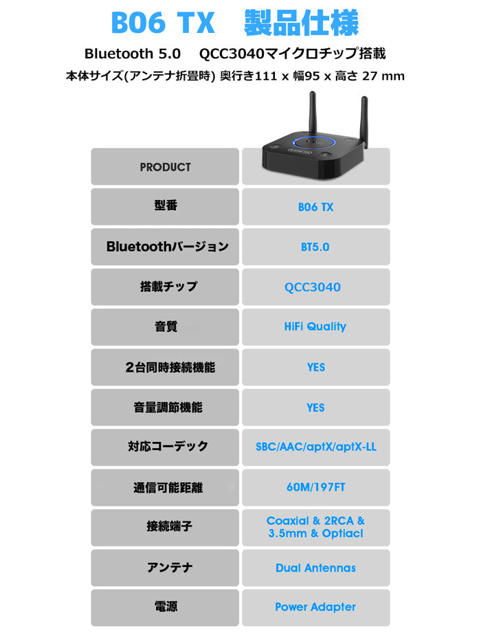 1Mii Bluetooth 5.0 Hi-Fi 3Dサウンド トランスミッター b06tx