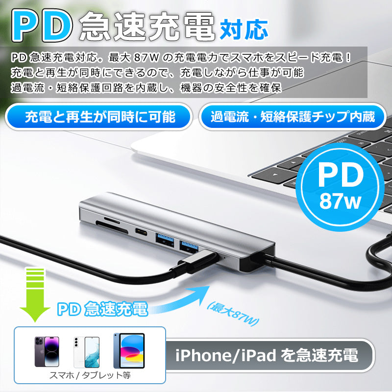 7in1 USB Type-C ハブ HDMI USB3.0 PD充電 SD/microSDカードリーダー yg2121