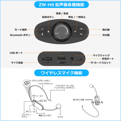ZOWEETEKハンズフリー Bluetooth ポータブル 多機能 拡声器スピーカー マイク付 zw-h6