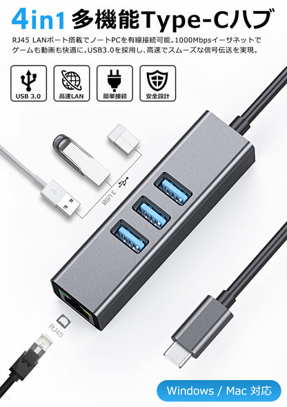 4in1 USB Type-C ハブ 1Gbps LAN SB3.0 idc2lan3a