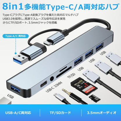 8in1 USB-C USB-A 両対応 ハブ USB3.0 PD対応 LAN ポート 3.5mm SDカードリーダー byl2218tu