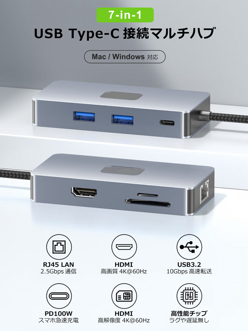 7in1 USB Type-Cハブ 4K HDMI USB3.0 PD対応 LAN ポート BYL2402