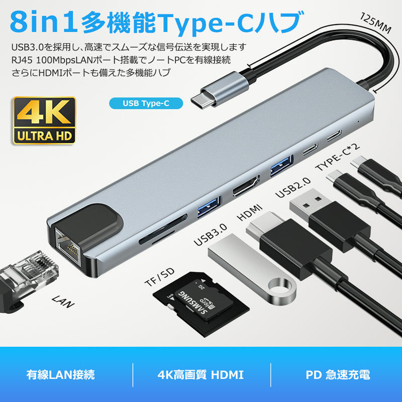 8in1 USB Type-Cハブ 4K HDMI USB3.0 PD LAN ポートSDカード byl2017l