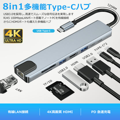 8in1 USB Type-Cハブ 4K HDMI USB3.0 PD LAN ポートSDカード byl2017l