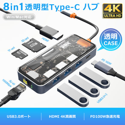 8in1 USB Type-C 透明ハブ 4K HDMI USB3.0 PD対応 LAN ポート SDカード ithub01