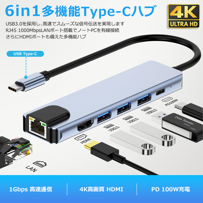 6in1 USB Type-Cハブ 4K HDMI USB3.0 PD対応 LAN ポート byl2007u3