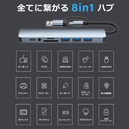 8in1 USB-C USB-A 両対応 ハブ USB3.0 PD対応 LAN ポート 3.5mm SDカードリーダー byl2218tu