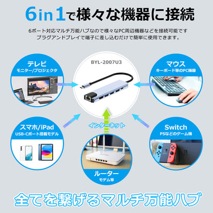 6in1 USB Type-Cハブ 4K HDMI USB3.0 PD対応 LAN ポート byl2007u3