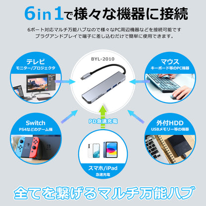 6in1 USB Type-C ハブ 4K HDMI USB3.0 PD充電 SDカードリーダー byl2010