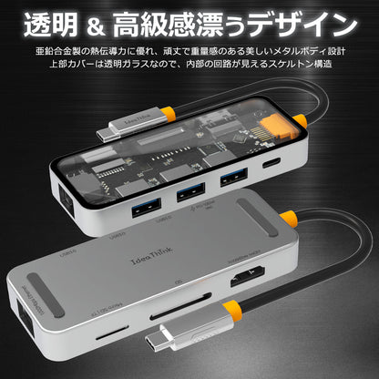 8in1 USB Type-C 透明ハブ 4K HDMI USB3.0 PD対応 LAN ポート SDカード ithub01