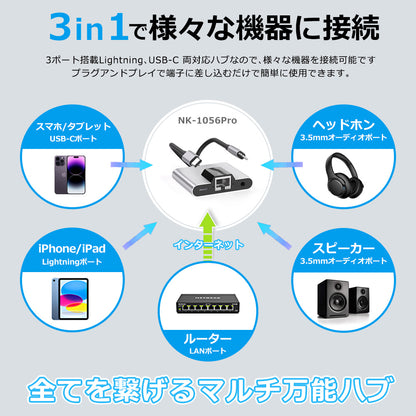 3in1 USB-C lightning 両対応 ハブ LAN 3.5mm 充電 nk1056pro