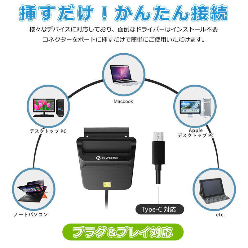 ZOWEETEK ICカードリーダー マイナンバーカード対応 USB-C接続 icr0009c