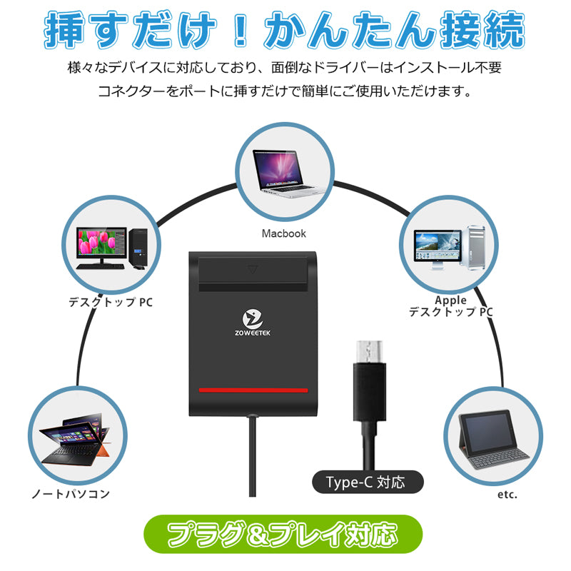 ZOWEETEK ICカードリーダー マイナンバーカード対応 USB-C接続 icr0002c