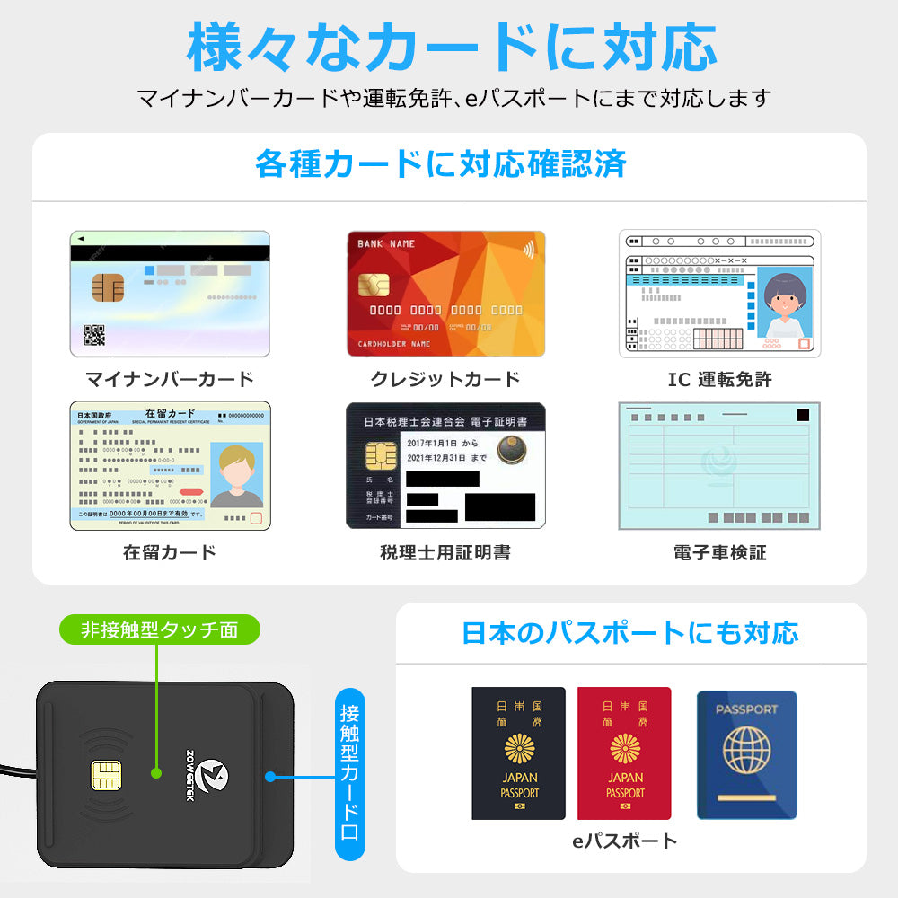 非接触式 / 接触式 両方対応 ICカードリーダー マイナンバーカード対応 USB-A接続 icr0012