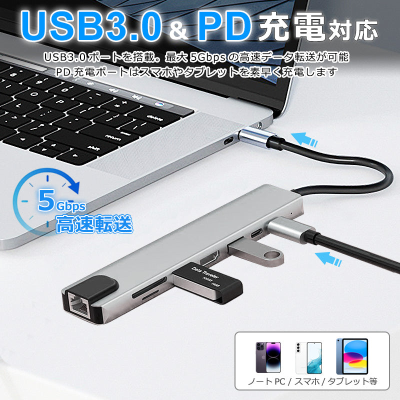 8in1 USB Type-Cハブ 4K HDMI USB3.0 PD LAN ポートSDカード byl2017l