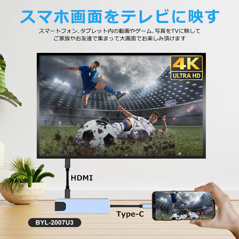 6in1 USB Type-Cハブ 4K HDMI USB3.0 PD対応 LAN ポート byl2007u3