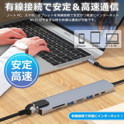 8in1 USB Type-Cハブ 4K HDMI USB3.0 PD LAN ポートSDカード byl2017l