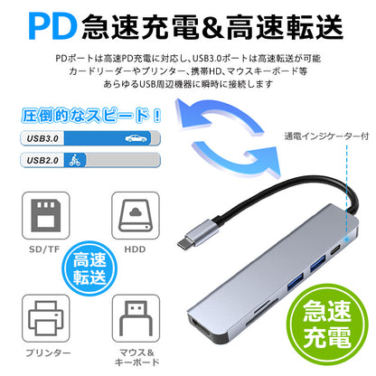 6in1 USB Type-C ハブ 4K HDMI USB3.0 PD充電 SDカードリーダー byl2010