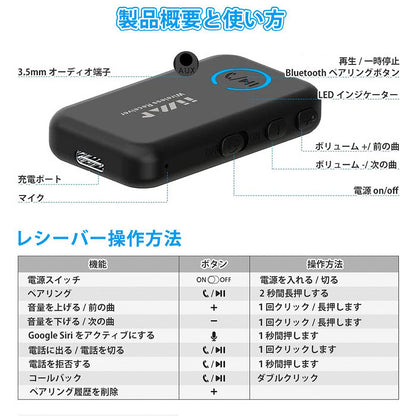 1Mii aux車載用 bluetooth5.0 レシーバー ml100
