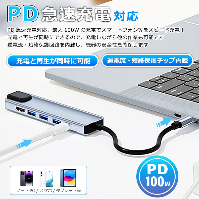 6in1 USB Type-Cハブ 4K HDMI USB3.0 PD対応 LAN ポート byl2007u3