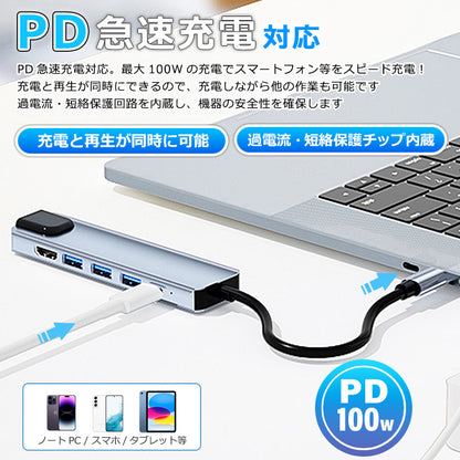 6in1 USB Type-Cハブ 4K HDMI USB3.0 PD対応 LAN ポート byl2007u3