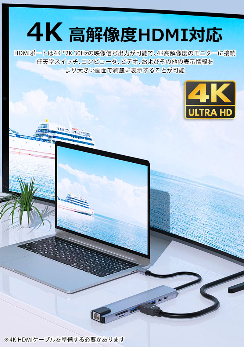 8in1 USB Type-Cハブ 4K HDMI USB3.0 PD LAN ポートSDカード byl2017l