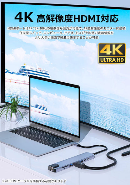 8in1 USB Type-Cハブ 4K HDMI USB3.0 PD LAN ポートSDカード byl2017l