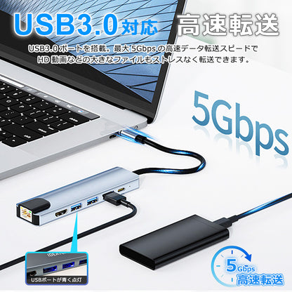 6in1 USB Type-Cハブ 4K HDMI USB3.0 PD対応 LAN ポート byl2007u3