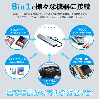 8in1 USB-C USB-A 両対応 ハブ USB3.0 PD対応 LAN ポート 3.5mm SDカードリーダー byl2218tu
