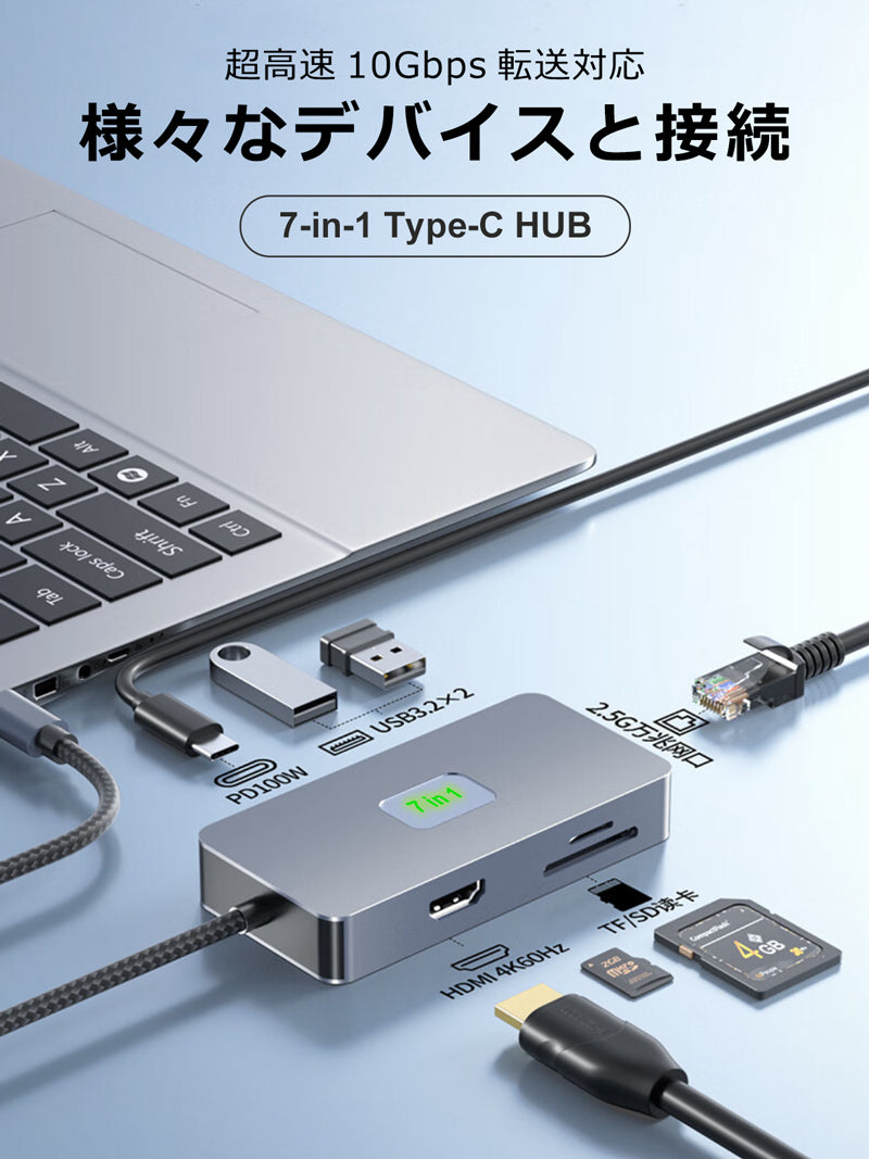 7in1 USB Type-Cハブ 4K HDMI USB3.0 PD対応 LAN ポート BYL2402